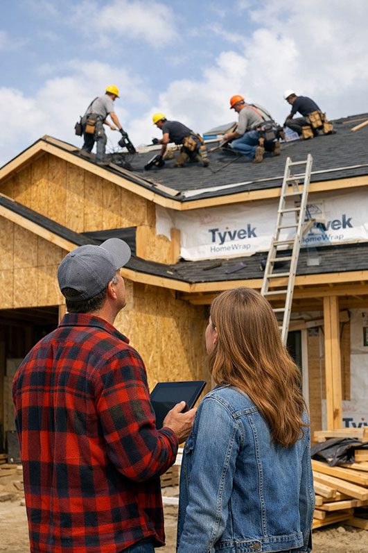 Job site with roofers working and client watching